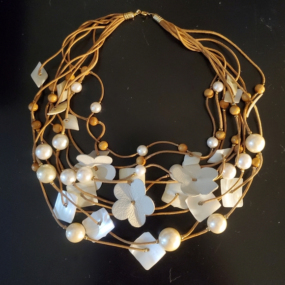 Handmade multi strand choker necklace, pearl & leather, white / cream / gold - Picture 5 of 11